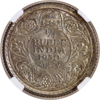 Rare NGC MS 64 Graded Silver Quarter Rupee Coin of King George V of Calcutta Mint of 1930.