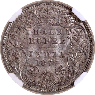 Exceptionally Rare NGC MS 63 Graded Victoria Empress Silver Half Rupee Coin of Calcutta Mint of 1877.