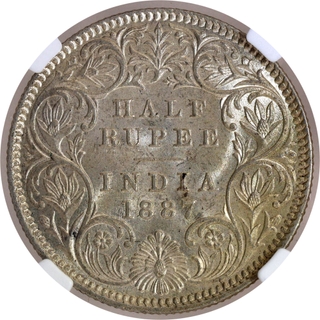 Extremely Rare NGC MS 63+ Graded Silver Half Rupee Coin of Victoria Empress of Calcutta Mint of 1887.