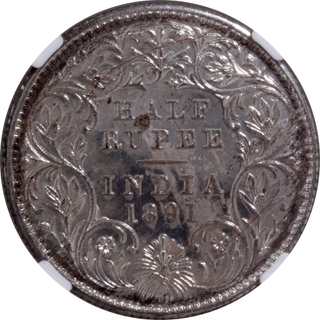 Extremely Rare NGC PF 64 Graded Silver Half Rupee Proof Coin of Victoria Empress of Calcutta Mint of 1891.