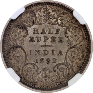 Extremely Rare NGC MS 63 Graded Silver Half Rupee Coin of Victoria Empress of Calcutta Mint of 1892.