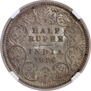 Extremely Rare NGC MS 62 Graded Silver Half Rupee Coin of Victoria Empress of Calcutta Mint of 1896.