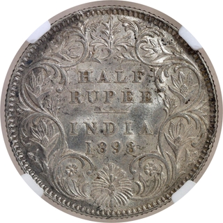 Extremely Rare NGC MS 62 Graded Silver Half Rupee Coin of Victoria Empress of Calcutta Mint of 1898.