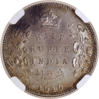 Very Rare NGC MS 62 Graded Silver Half Rupee Coin of Calcutta Mint of King Edward VII of 1910.