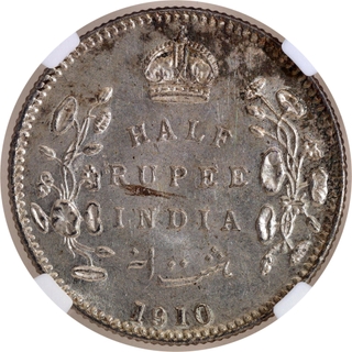  Extremely Rare NGC MS 62 Graded Silver Half Rupee Coin of King Edward VII of Bombay Mint of 1910.