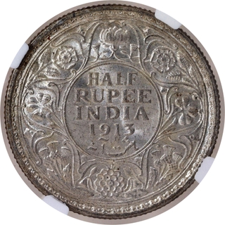 Extremely Rare NGC MS 64 Graded Silver Half Rupee Coin of King George V of Calcutta Mint of 1913.