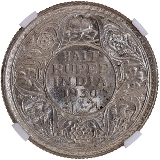 Rare Date NGC MS 62 Graded Silver Half Rupee Coin of King George V of Calcutta Mint of 1930.