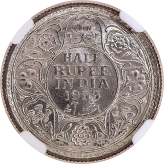 Rare NGC MS 64 Graded Silver Half Rupee Coin of King George V of Calcutta Mint of 1933.