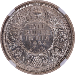 Scarce NGC MS 63 Graded Silver Half Rupee Coin of Calcutta Mint of King George V of 1934.