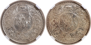 Scarce NGC MS 63 Graded Silver Half Rupee Coins of King George V of Calcutta and Bombay Mint of 1936.