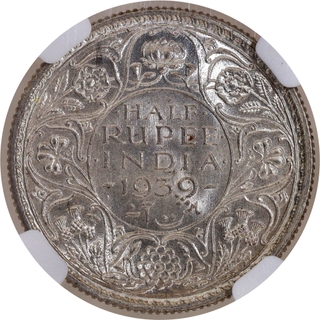 Scarce NGC MS 63 Graded Silver Half Rupee Coin of King George VI of Calcutta Mint of 1939.