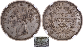 Very Rare NGC AU 58 Graded Continuous Legend Silver One Rupee Coin of Victoria Queen of Calcutta Mint of 1840.