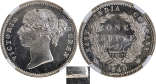 Rare NGC MS 63 Graded Silver One Rupee Coin of Victoria Queen of Calcutta/Bombay Mint of 1840.