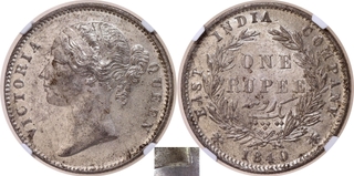 Extremely Rare NGC MS 62 Graded Silver One Rupee Coin of Victoria Queen of Calcutta/Bombay Mint of 1840.