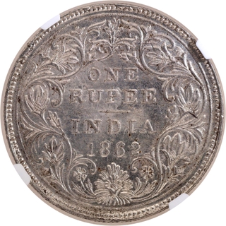 Rare NGC MS 63 Graded Silver One Rupee Coin of Victoria Queen of Calcutta Mint of 1862.