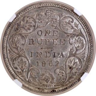 Rare NGC MS 61 Graded Silver One Rupee Coin of Victoria Queen of Calcutta Mint of 1862.