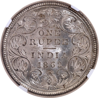 Rare NGC MS 62 Graded Silver One Rupee Coin of Victoria Queen of Calcutta Mint of 1862.