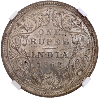 Very Rare NGC MS 61 Graded Silver One Rupee Coin of Victoria Queen of Madras Mint of 1862.