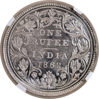 Very Rare NGC MS 63 Graded Silver One Rupee Coin of Victoria Queen of Madras Mint of 1862.