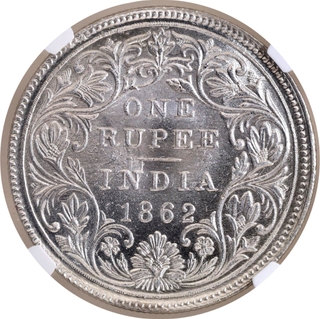 Very Rare NGC MS 63 Graded Silver One Rupee Coin of Victoria Queen of Madras Mint of 1862.