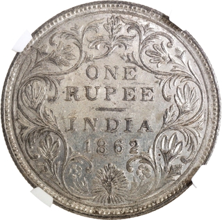 Rare NGC MS 62 Graded Silver One Rupee Coin of Victoria Queen of Bombay Mint of 1862.