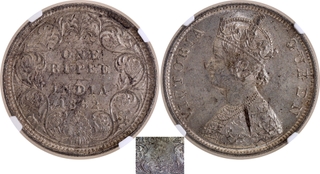 Very Rare Top Pop NGC MS 62 Graded Silver One Rupee Coin of Victoria Queen of Bombay Mint of 1862.