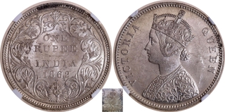 Very Rare NGC MS 62 Graded Victoria Queen of 1862 of Silver One Rupee Coin of Bombay Mint.