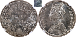 Extremely Rare NGC MS 63 Graded Silver One Rupee Coin of Victoria Empress of Bombay Mint of 1878.