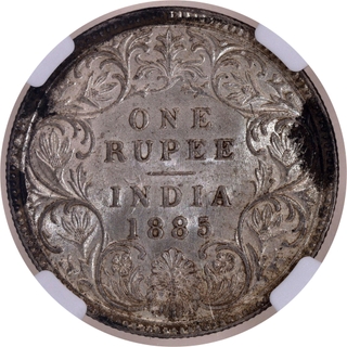 Scarce NGC MS 62 Graded Silver One Rupee Coin of Victoria Empress of 1885 of Calcutta Mint.