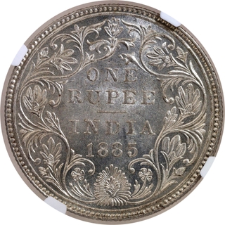 Very Rare NGC MS 62 Graded Silver One Rupee Coin of Victoria Empress of Bombay Mint of 1885.