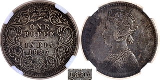 Extremely Rare NGC AU Graded Silver One Rupee Coin of Victoria Empress of Bombay Mint of 1887.