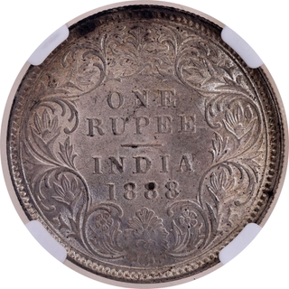 Rare NGC MS 62 Graded Silver One Rupee Coin of Victoria Empress of Calcutta Mint of 1888.