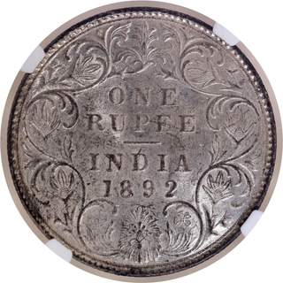 Rare NGC MS 62 Graded Silver One Rupee Coin of Victoria Empress of Bombay Mint of 1892.