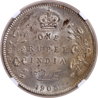 Very Rare NGC MS 63 Graded Silver One Rupee Coin of King Edward VII of Calcutta Mint of 1903.