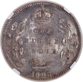 Extremely Rare NGC MS 62 Graded Silver One Rupee Coin of King Edward VII of Bombay Mint of 1903.