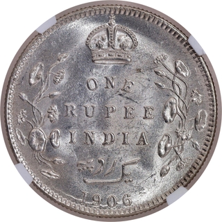 Scarce NGC MS 62 Graded Silver One Rupee Coin of King Edward VII of Calcutta Mint of 1906.