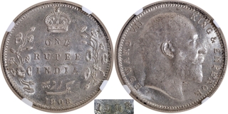 Extremely Rare NGC MS 61 Graded 1908 (8 over 7) King Edward VII of Silver One Rupee Coin of Bombay Mint.