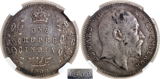 Extremely Rare NGC Graded 1908 (8 over 3) King Edward VII of Silver One Rupee Coin of Bombay Mint.