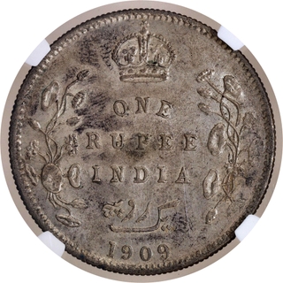 Scarce NGC MS 61 Graded Silver One Rupee Coin of King Edward VII of Calcutta Mint of 1909.