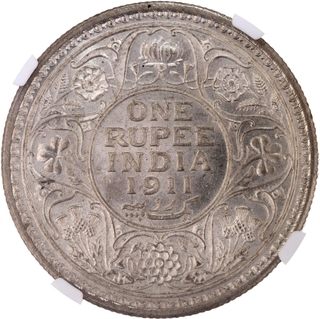 Very Rare NGC MS 62 Silver One Rupee Coin of King George V of Calcutta Mint of 1911.