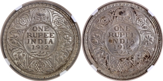 Scarce NGC MS 62 Graded Silver One Rupee Coins of King George V of Calcutta and Bombay Mint of 1912.