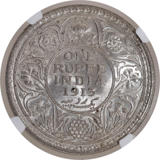 Scarce NGC MS 61 Graded Silver One Rupee Coin of King George V of Calcutta Mint of 1913.