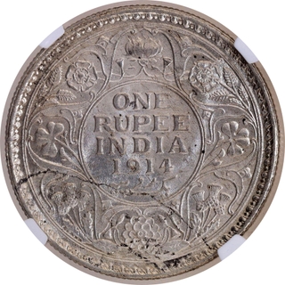 Scarce NGC MS 61 Graded Silver One Rupee Coin of King George V of Calcutta Mint of 1914.