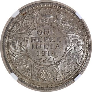 Very Rare NGC MS 63 Graded Silver One Rupee Coin of Calcutta Mint of King George V of 1914.