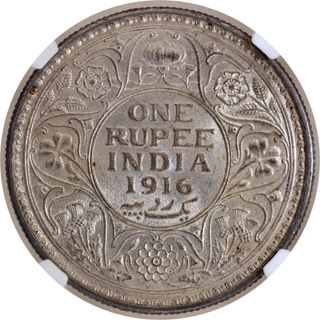 Scarce NGC MS 62 Graded Silver One Rupee Coin of King George V of Calcutta Mint of 1916.