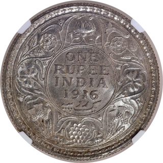 Rare NGC MS 63 Graded Silver One Rupee Coin of King George V of Calcutta Mint of 1916.