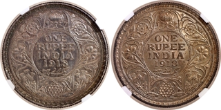 Scarce NGC MS 62 and 63 Graded Silver One Rupee Coins of King George V of Calcutta and Bombay Mint of 1918.