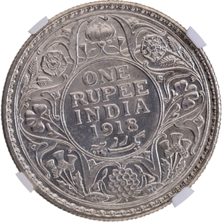 Scarce NGC MS 62 Graded Silver One Rupee Coin of King George V of Bombay Mint of 1918.