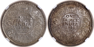 Scarce NGC MS 62 Graded Silver One Rupee Coins of King George V of Calcutta and Bombay Mint of 1919.