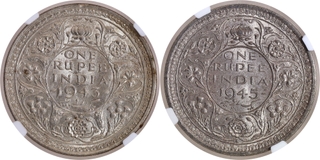 Scarce NGC Graded Silver One Rupee Coins of King George VI of Bombay and Lahore Mint of 1943 and 1945.